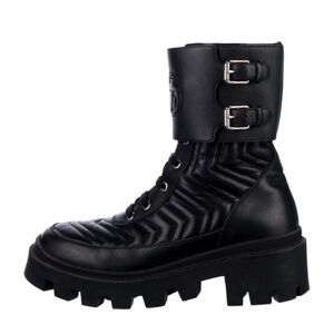 Gucci Black Quilted Leather Combat Ankle Boot with Buckles